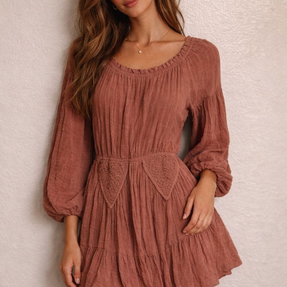 Free People Dresses & Skirts - Free People Mauve Rust Long Sleeve Smocked Waist Dress